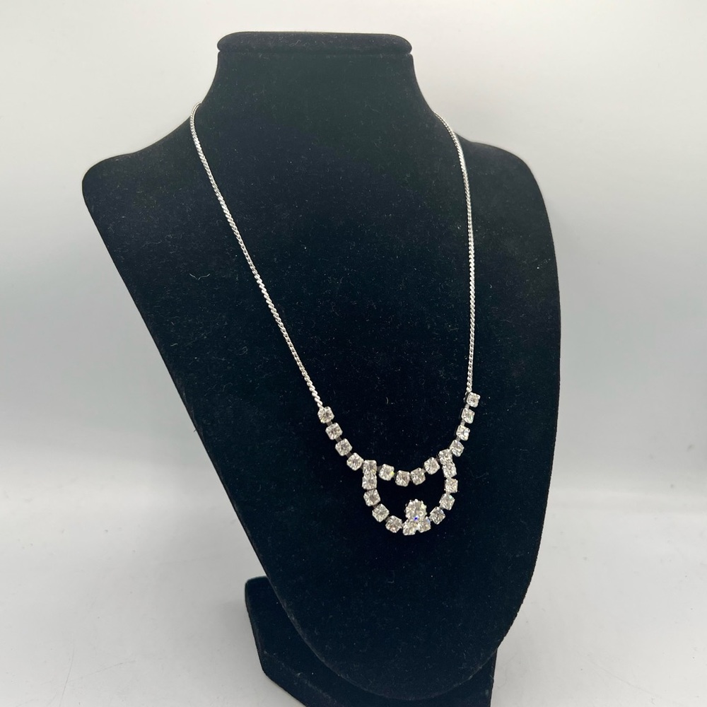 Vintage silver tone chain necklace rhinestone accents